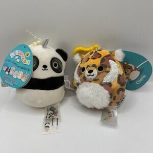 Lot of 2 new Kelly Toys Clip On Squishmallow Small Kayce Cherie Panda Cheetah